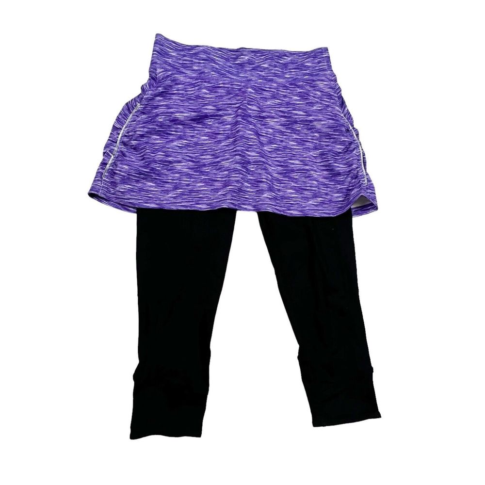 Inner Spirit Skirted Capri Legging Black & Purple Back Zip Pocket Womens S EUC!